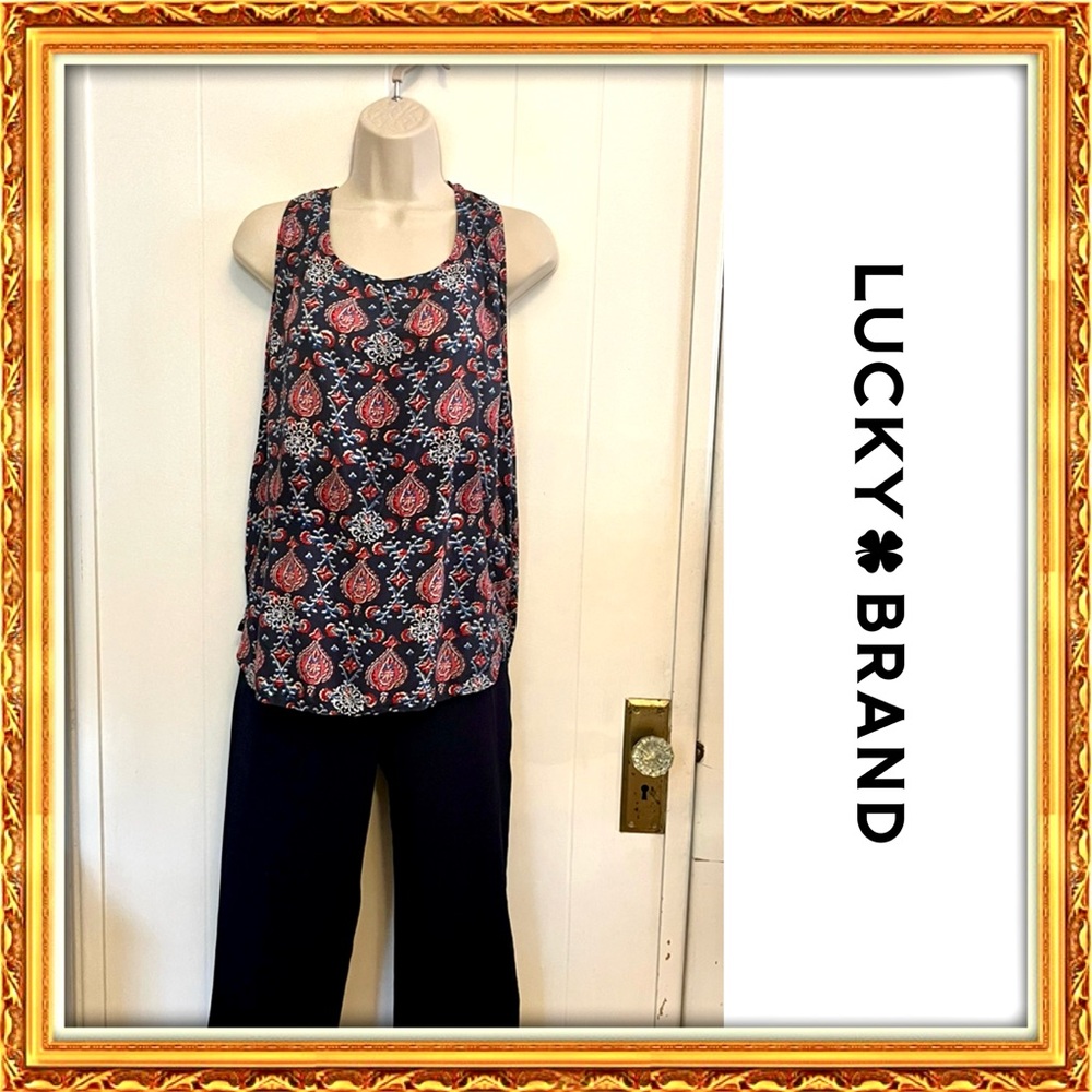 EUC | Lucky Brand white red and blue paisley draped open back racerback tank!!